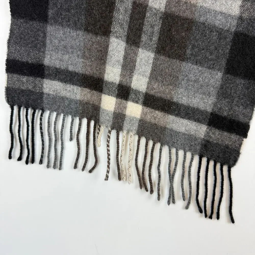 Amicale Pure Cashmere Plaid Fringe Scarf Gray Brown Black - OS